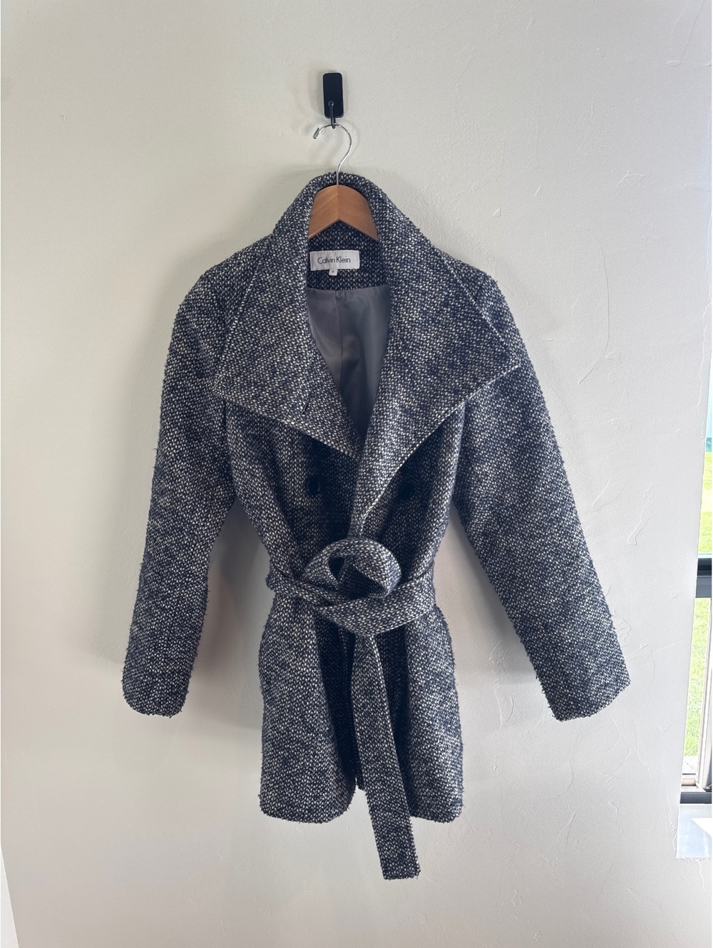 Calvin Klein Blue Gray Tweed Trench Coat Wool Blend Women’s Size 6